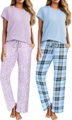 Ekouaer 2 Pack Womens Pajama Sets Short Sleeve Sleepwear Top and Pants 4 Piece Pjs Lounge Sets with Pockets