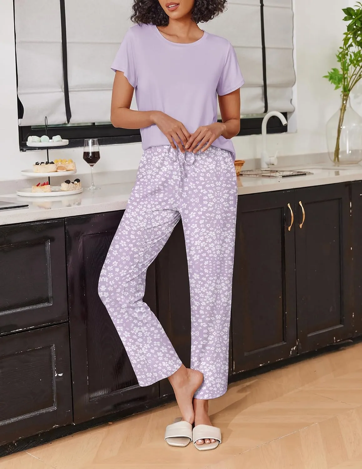 Ekouaer 2 Pack Womens Pajama Sets Short Sleeve Sleepwear Top and Pants 4 Piece Pjs Lounge Sets with Pockets