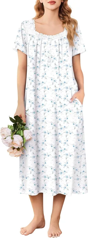 Ekouaer Long Nightgowns for Women Soft Ladies Sleepwear Gowns Short Sleeve Nightdress Button House Dress with Pockets