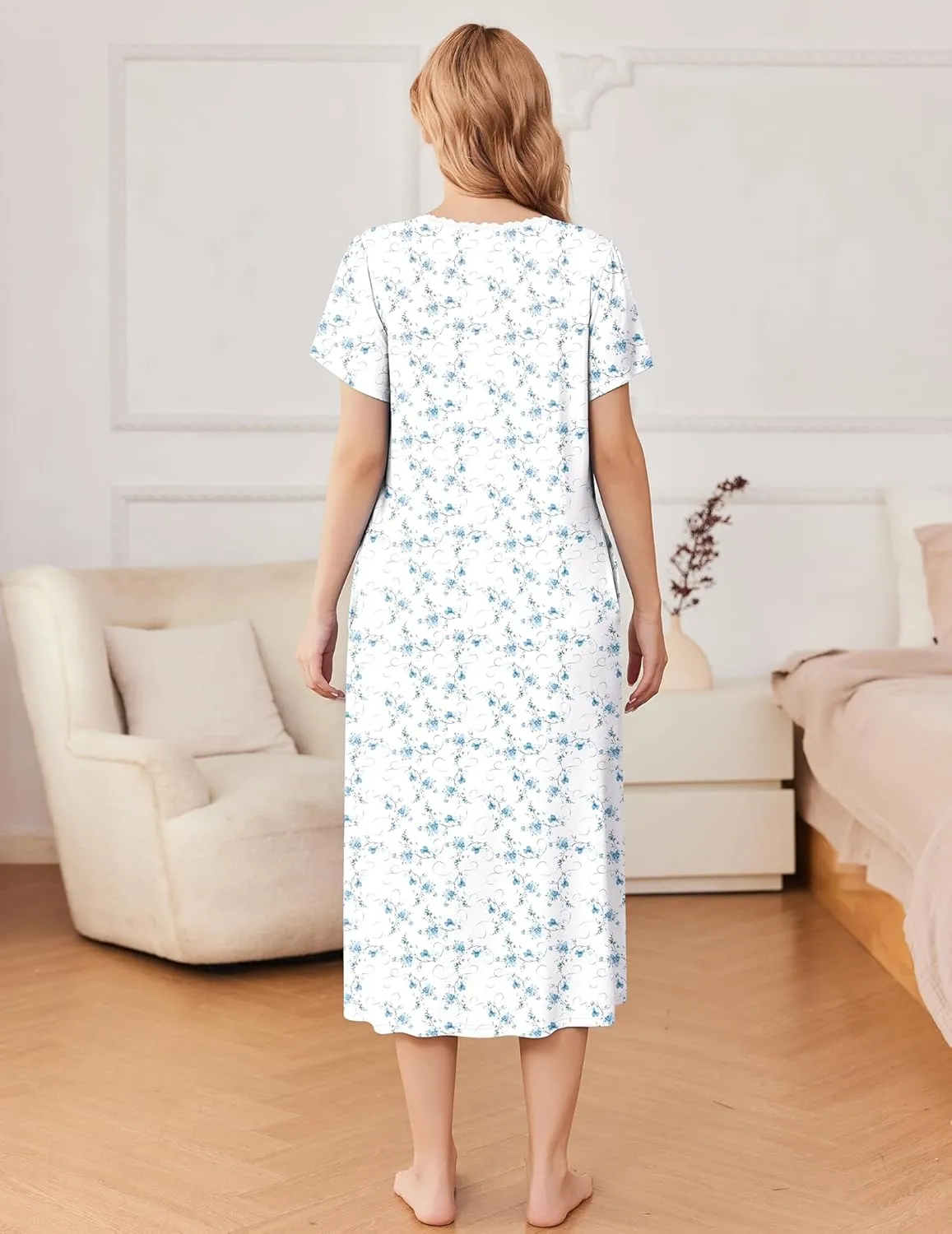 Ekouaer Long Nightgowns for Women Soft Ladies Sleepwear Gowns Short Sleeve Nightdress Button House Dress with Pockets