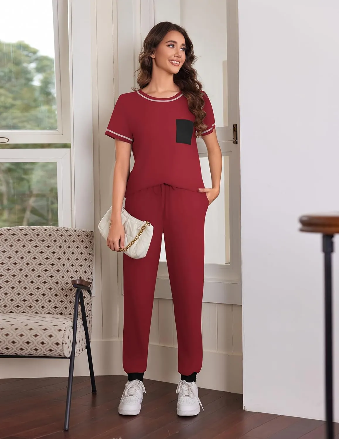 Ekouaer Pajama Sets for Women Short Sleeve Pjs Sets 2 Piece Loungewear Sleepwear with Long Joggers Pants