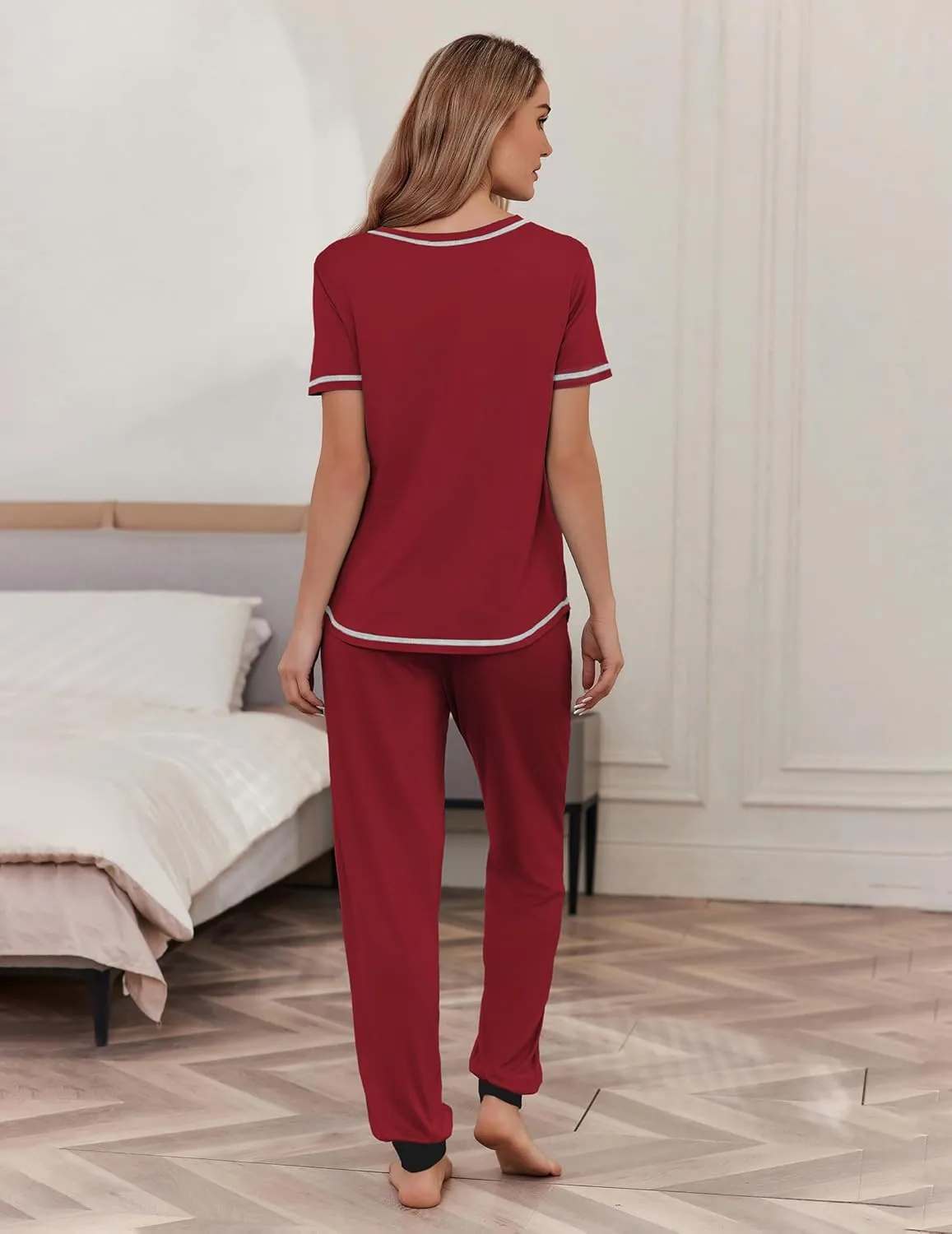 Ekouaer Pajama Sets for Women Short Sleeve Pjs Sets 2 Piece Loungewear Sleepwear with Long Joggers Pants
