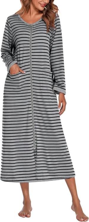 Ekouaer Women Long House Coat Zipper Front Robes Full Length Nightgowns with Pockets Striped Loungewear S-4XL