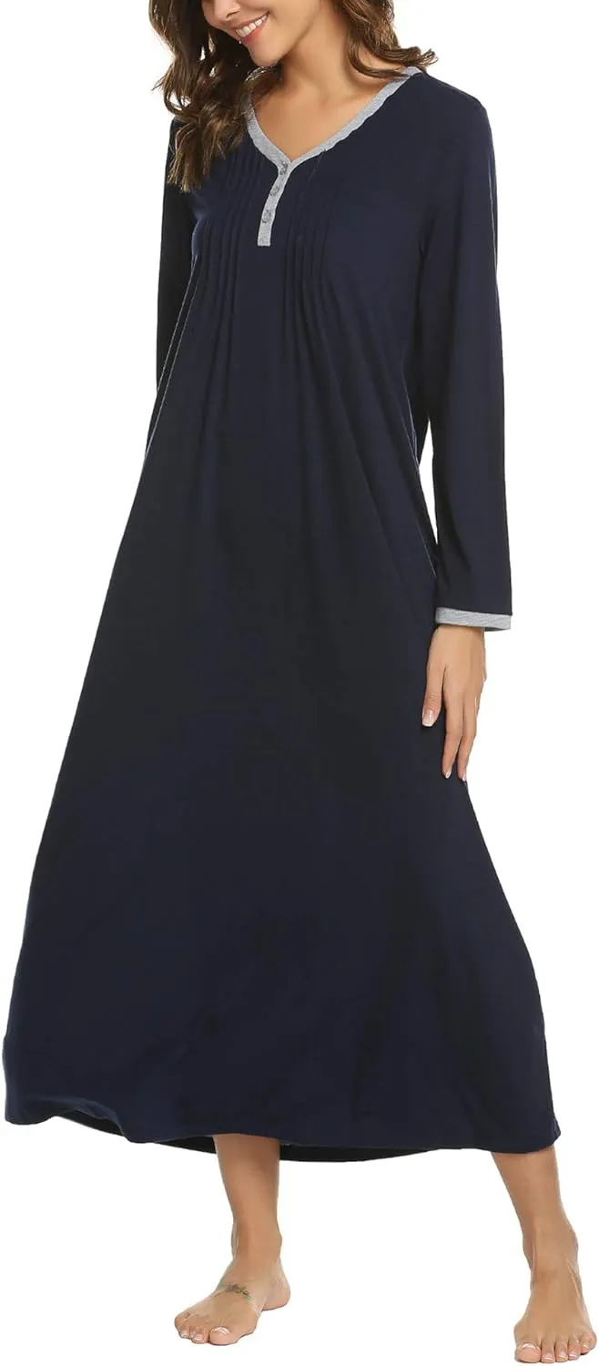 Ekouaer Women's Long Sleeve Nightgown Full Length Sleepwear Long Sleepshirts Henley Sleep Dress S-4XL