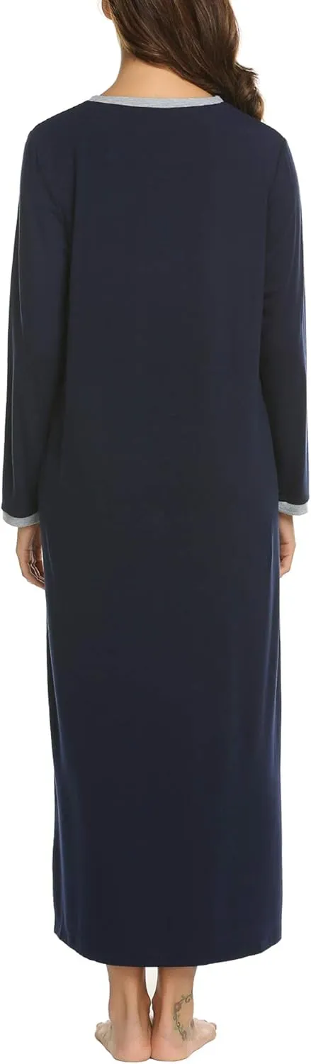Ekouaer Women's Long Sleeve Nightgown Full Length Sleepwear Long Sleepshirts Henley Sleep Dress S-4XL