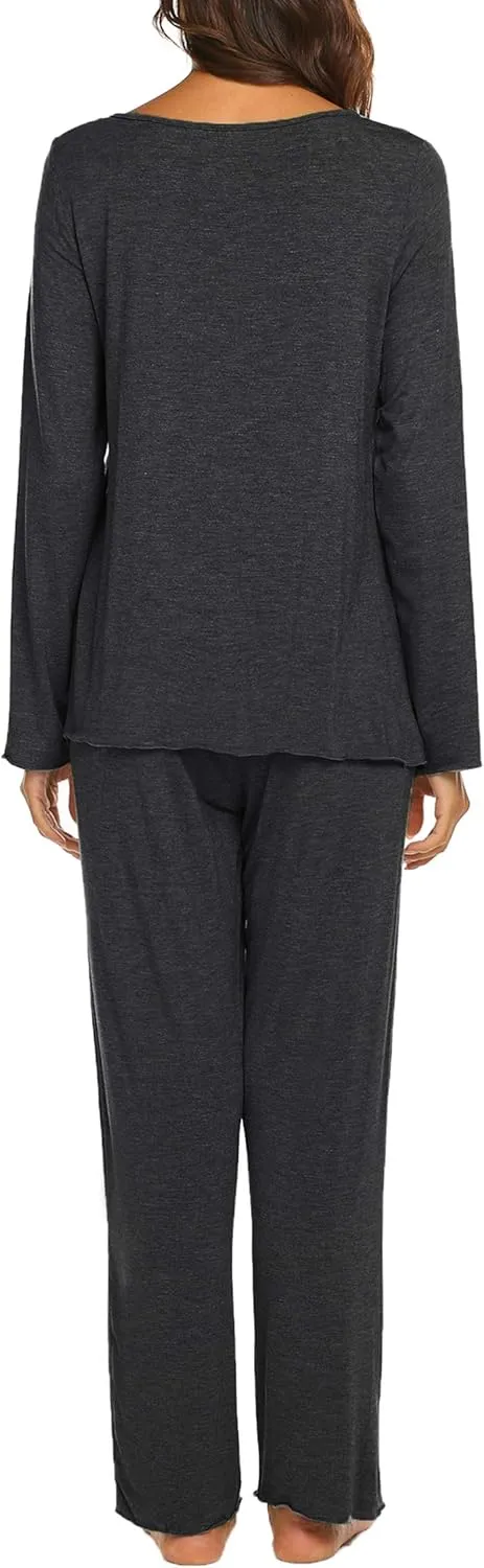 Ekouaer Womens Pajama Sets V Neck Loungewear Long Sleeve Pj Sets 2 Piece Lounge Sets for Women Soft Sleepwear for All Seasons