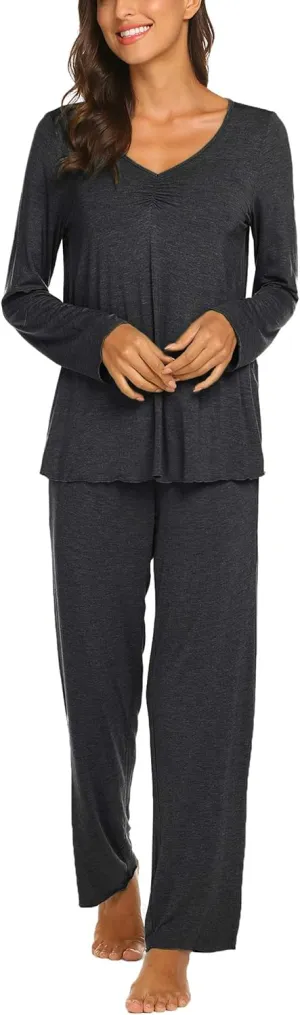 Ekouaer Womens Pajama Sets V Neck Loungewear Long Sleeve Pj Sets 2 Piece Lounge Sets for Women Soft Sleepwear for All Seasons