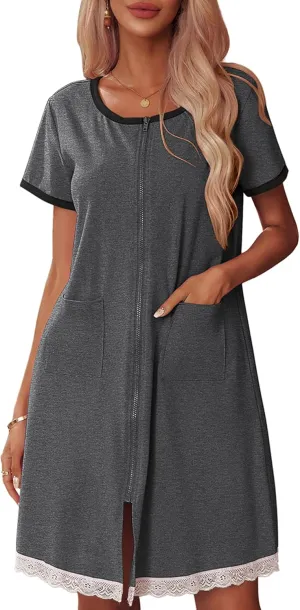 Ekouaer Womens Zipper Front Housecoats Short Sleeve Bathrobes Lace Trim Nightgown with Pockets