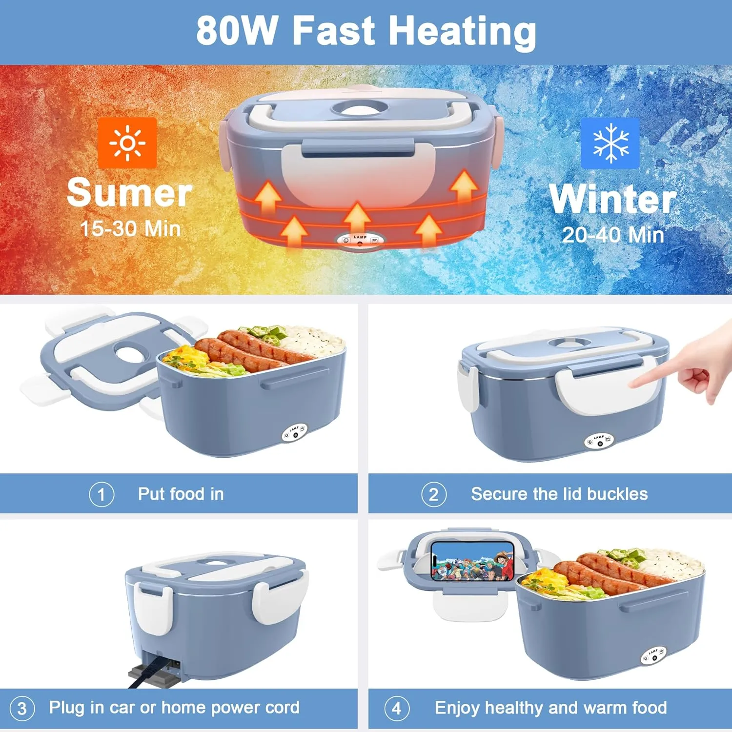 Electric Heated Lunch Boxes Adults: 80W Electric Lunch Box Food Heated 12/24/110V 1.5L Heatable Lunch Box for Car/Truck/Office Leak-Proof Stainless Steel Container,Fork & Spoon,Bag (Light Blue White)
