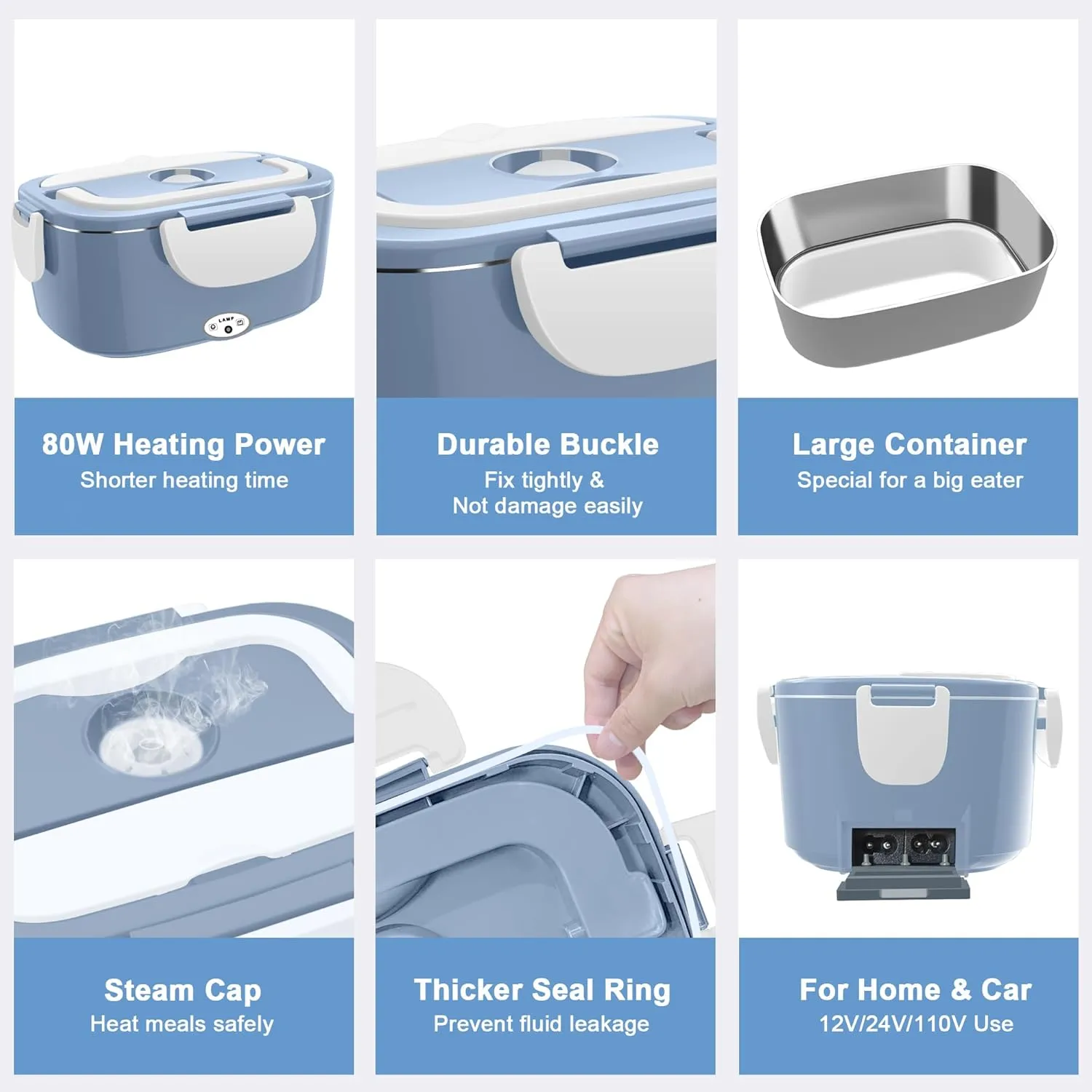 Electric Heated Lunch Boxes Adults: 80W Electric Lunch Box Food Heated 12/24/110V 1.5L Heatable Lunch Box for Car/Truck/Office Leak-Proof Stainless Steel Container,Fork & Spoon,Bag (Light Blue White)
