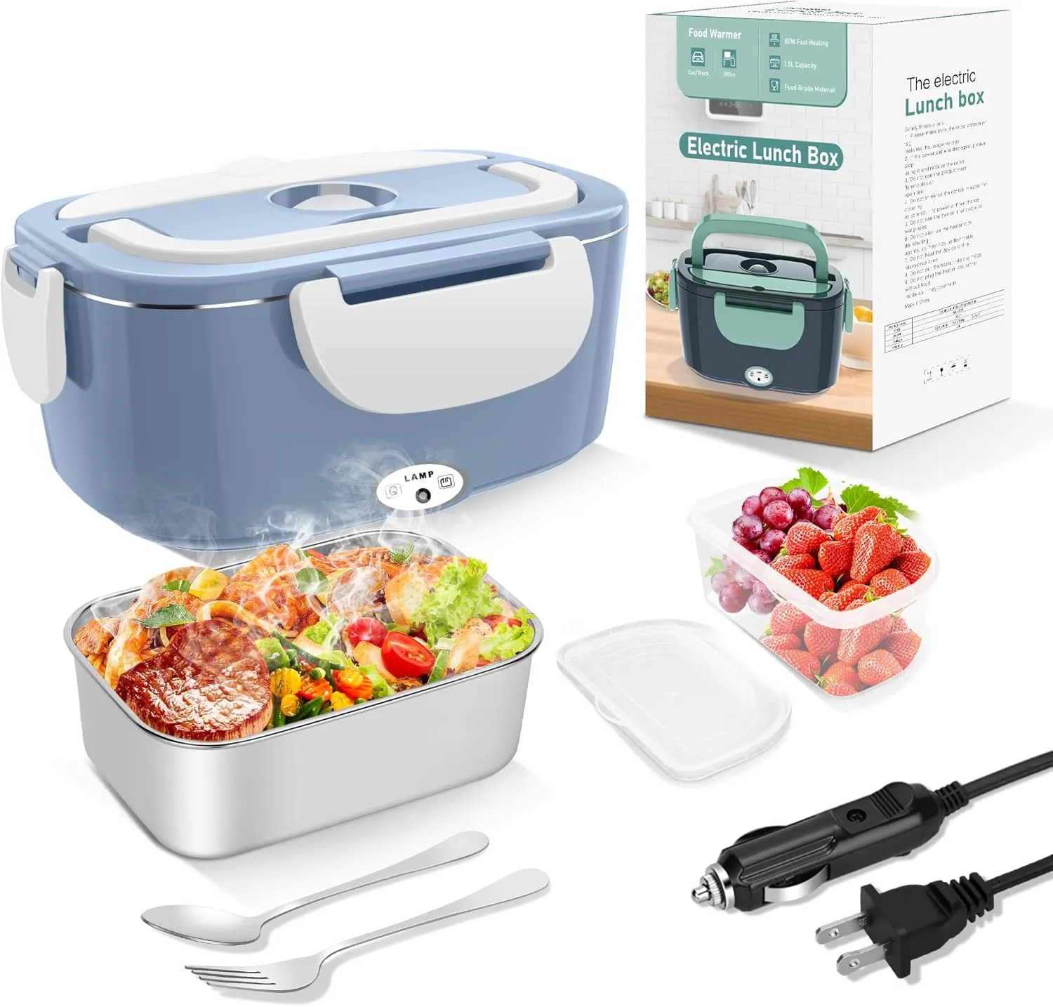 Electric Heated Lunch Boxes Adults: 80W Electric Lunch Box Food Heated 12/24/110V 1.5L Heatable Lunch Box for Car/Truck/Office Leak-Proof Stainless Steel Container,Fork & Spoon,Bag (Light Blue White)