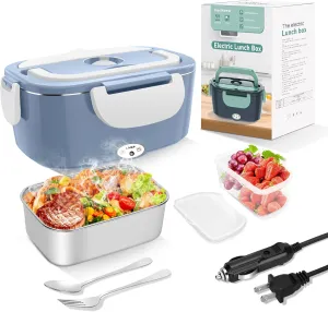 Electric Heated Lunch Boxes Adults: 80W Electric Lunch Box Food Heated 12/24/110V 1.5L Heatable Lunch Box for Car/Truck/Office Leak-Proof Stainless Steel Container,Fork & Spoon,Bag (Light Blue White)