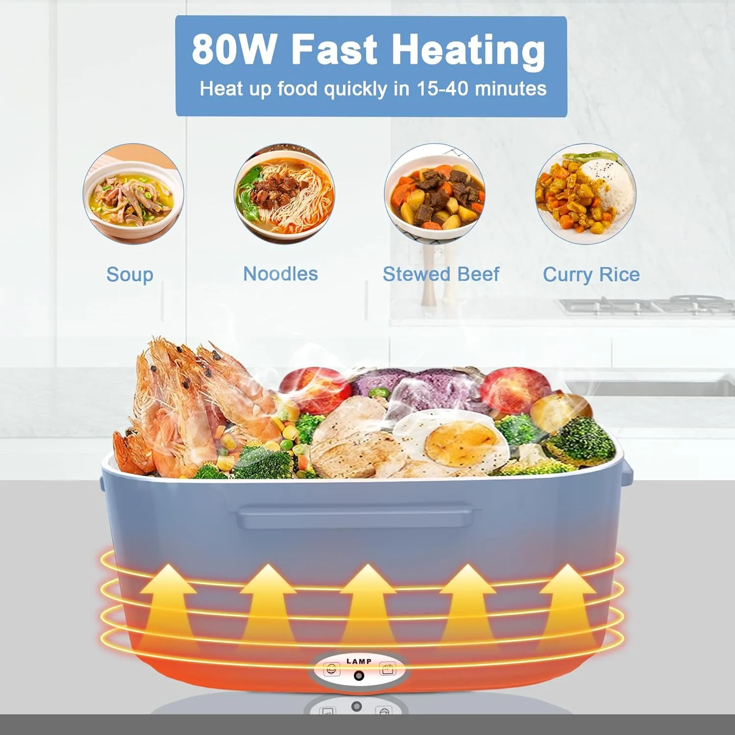 Electric Heated Lunch Boxes Adults: 80W Electric Lunch Box Food Heated 12/24/110V 1.5L Heatable Lunch Box for Car/Truck/Office Leak-Proof Stainless Steel Container,Fork & Spoon,Bag (Light Blue White)