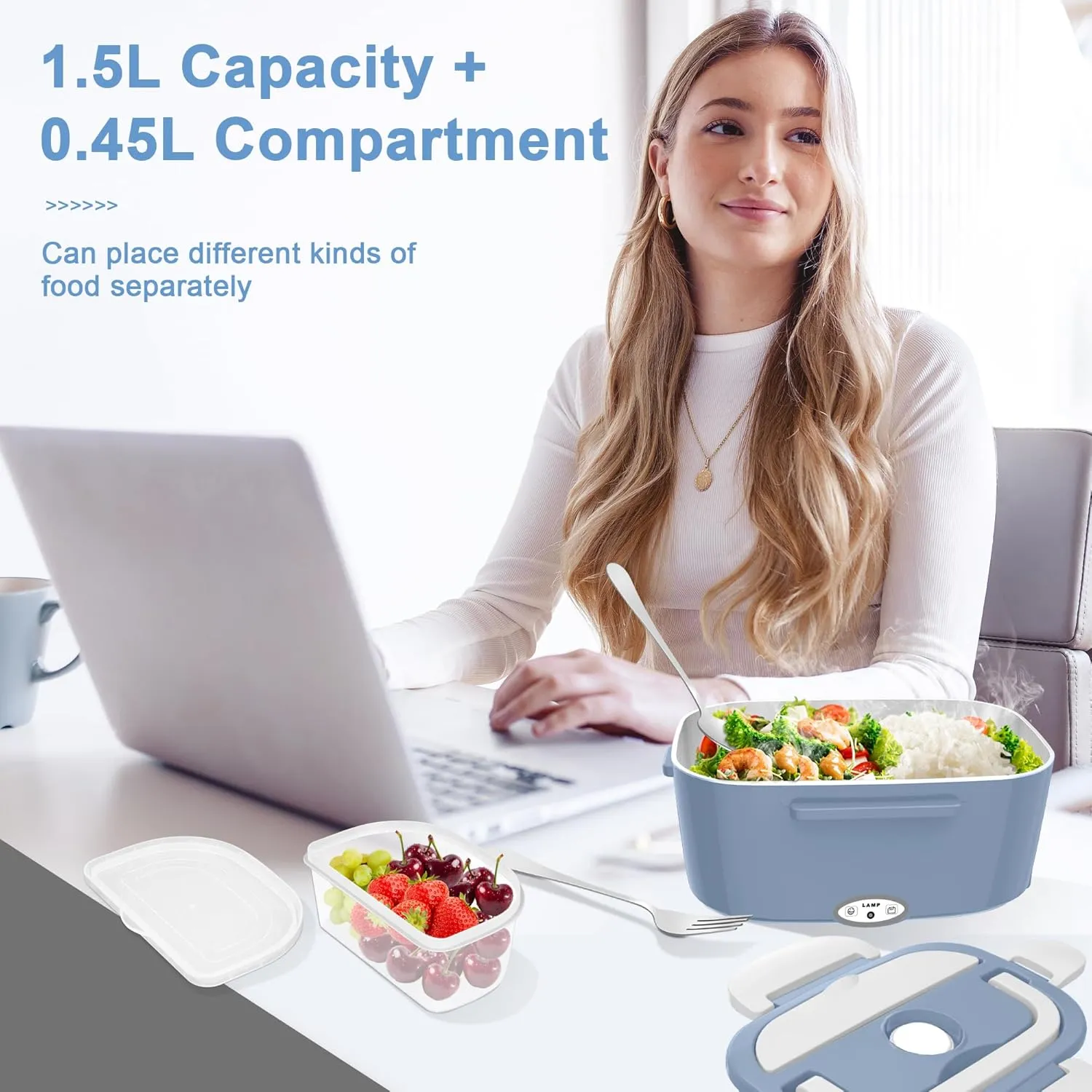 Electric Heated Lunch Boxes Adults: 80W Electric Lunch Box Food Heated 12/24/110V 1.5L Heatable Lunch Box for Car/Truck/Office Leak-Proof Stainless Steel Container,Fork & Spoon,Bag (Light Blue White)