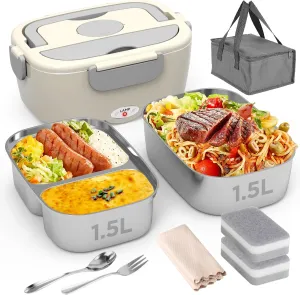 Electric Lunch Box for Men, Women, Adults - 80W Fast Heating Lunch Box (12V/24V/110V) - Heated Lunch Box with Dual 1.5L SS Containers - Portable Food Warmer for Car, Truck, Office Use