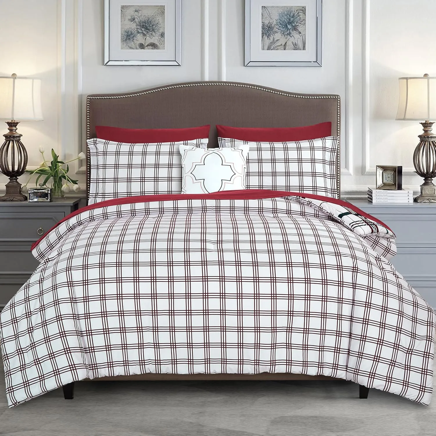 Elegant Comfort 8-Piece Lodge Plaid Reversible Comforter Set - All Season Bed in a Bag, 4-Piece Sheet Set Featuring Smart Pockets, Matching Shams and Decorative Pillow, Full/Queen, Burgundy