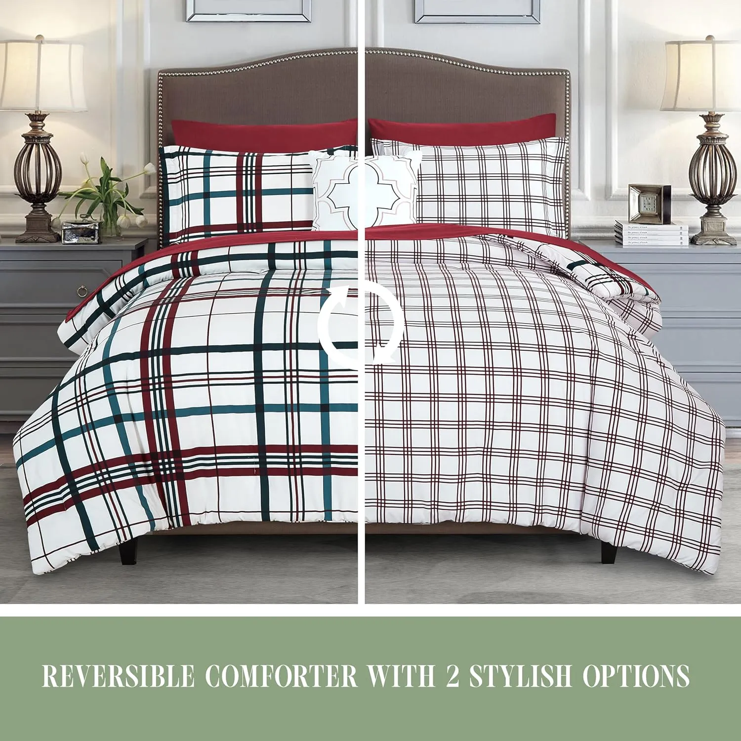 Elegant Comfort 8-Piece Lodge Plaid Reversible Comforter Set - All Season Bed in a Bag, 4-Piece Sheet Set Featuring Smart Pockets, Matching Shams and Decorative Pillow, Full/Queen, Burgundy