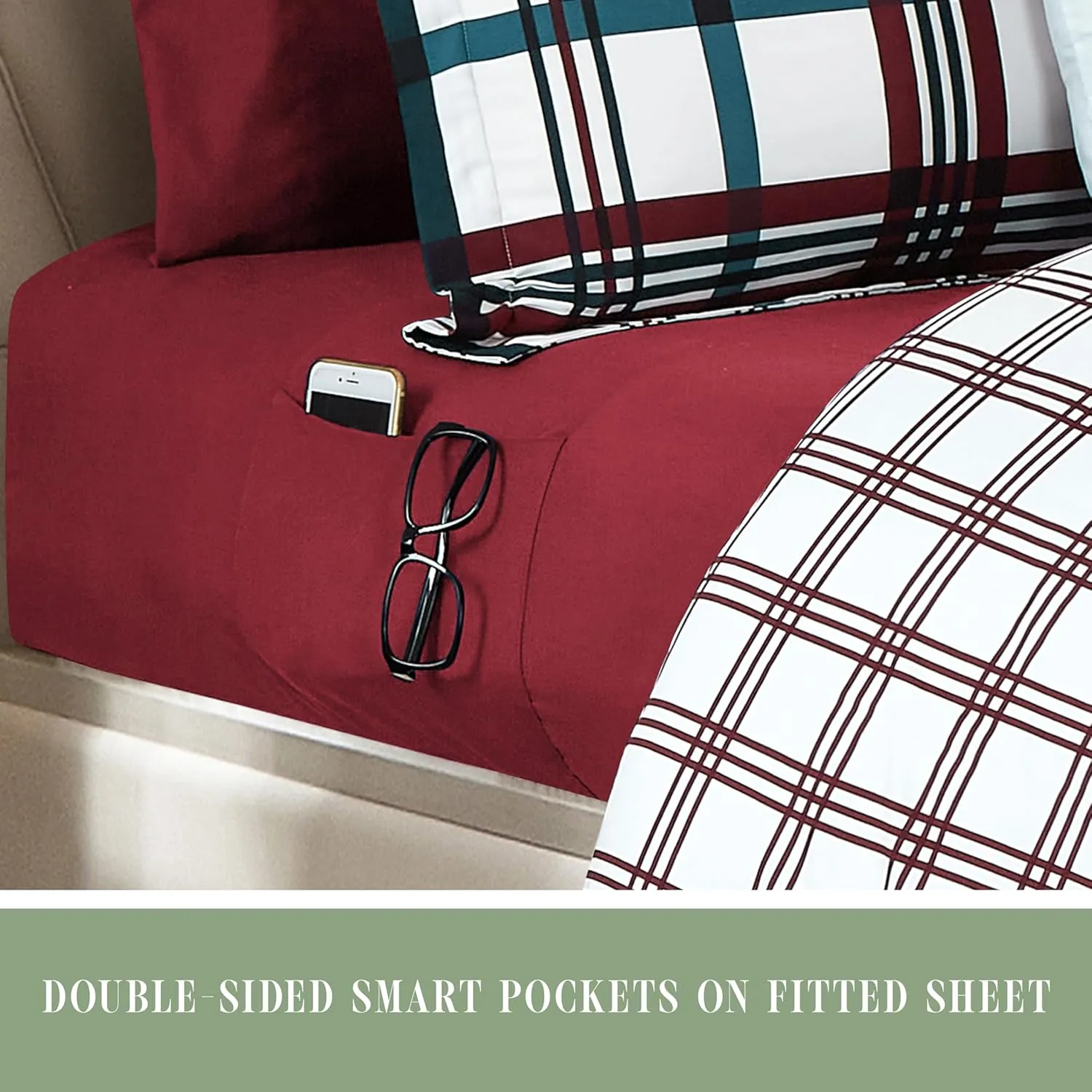 Elegant Comfort 8-Piece Lodge Plaid Reversible Comforter Set - All Season Bed in a Bag, 4-Piece Sheet Set Featuring Smart Pockets, Matching Shams and Decorative Pillow, Full/Queen, Burgundy