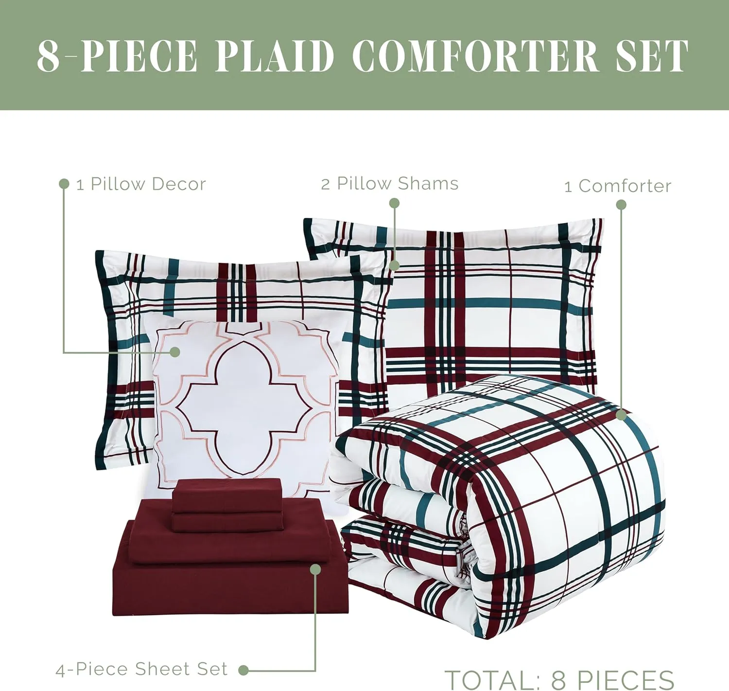 Elegant Comfort 8-Piece Lodge Plaid Reversible Comforter Set - All Season Bed in a Bag, 4-Piece Sheet Set Featuring Smart Pockets, Matching Shams and Decorative Pillow, Full/Queen, Burgundy