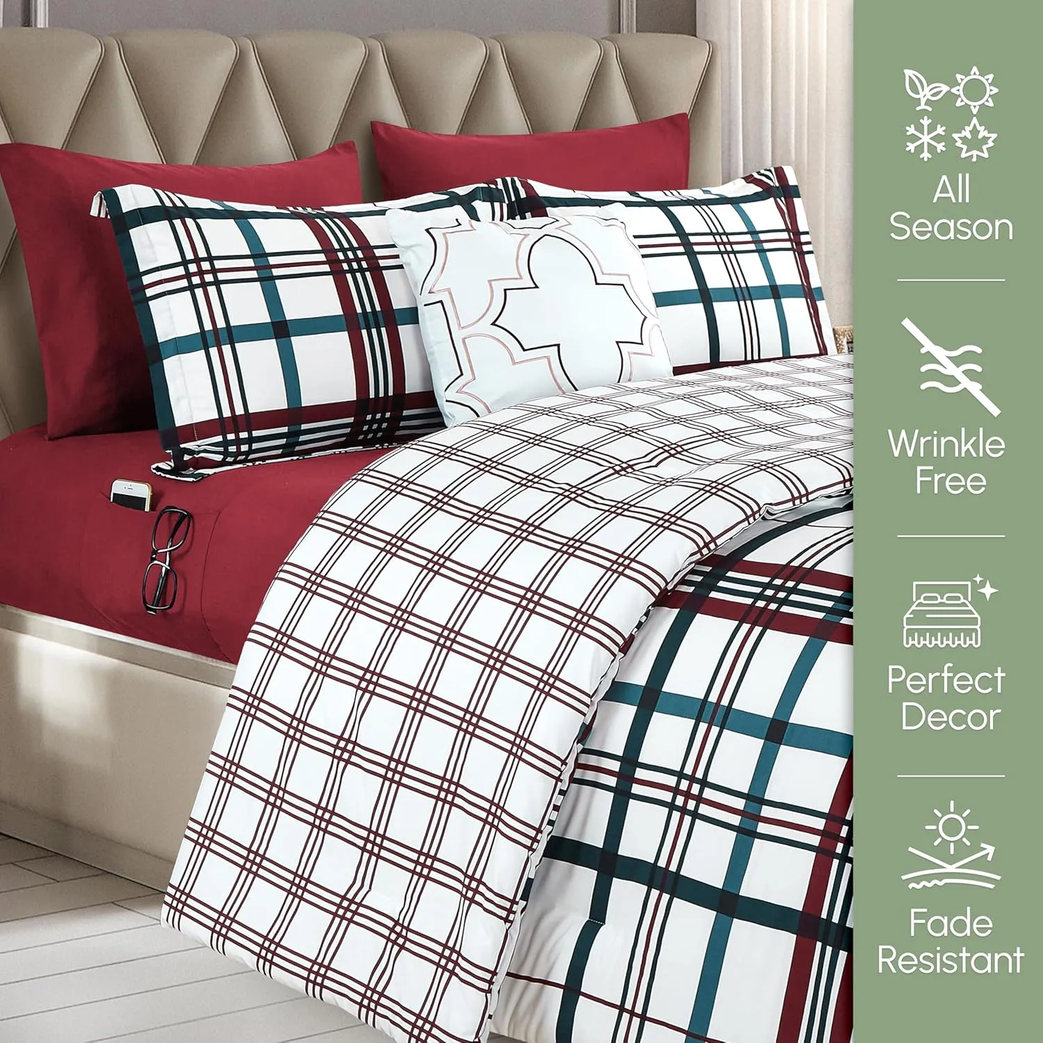 Elegant Comfort 8-Piece Lodge Plaid Reversible Comforter Set - All Season Bed in a Bag, 4-Piece Sheet Set Featuring Smart Pockets, Matching Shams and Decorative Pillow, Full/Queen, Burgundy