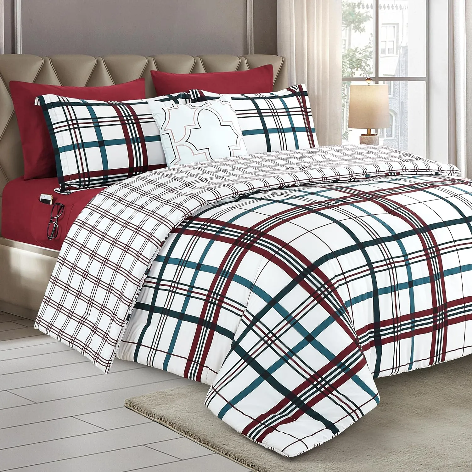 Elegant Comfort 8-Piece Lodge Plaid Reversible Comforter Set - All Season Bed in a Bag, 4-Piece Sheet Set Featuring Smart Pockets, Matching Shams and Decorative Pillow, Full/Queen, Burgundy