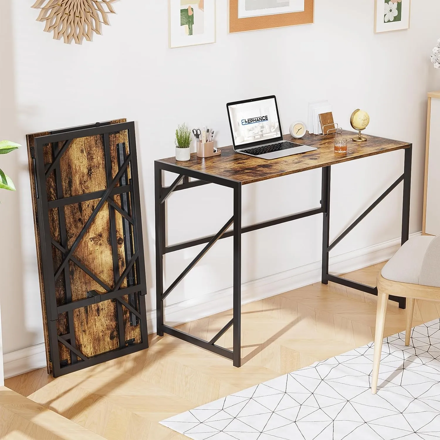 Elephance Folding Desk Writing Computer Desk for Home Office, No-Assembly Study Office Desk Foldable Table for Small Spaces