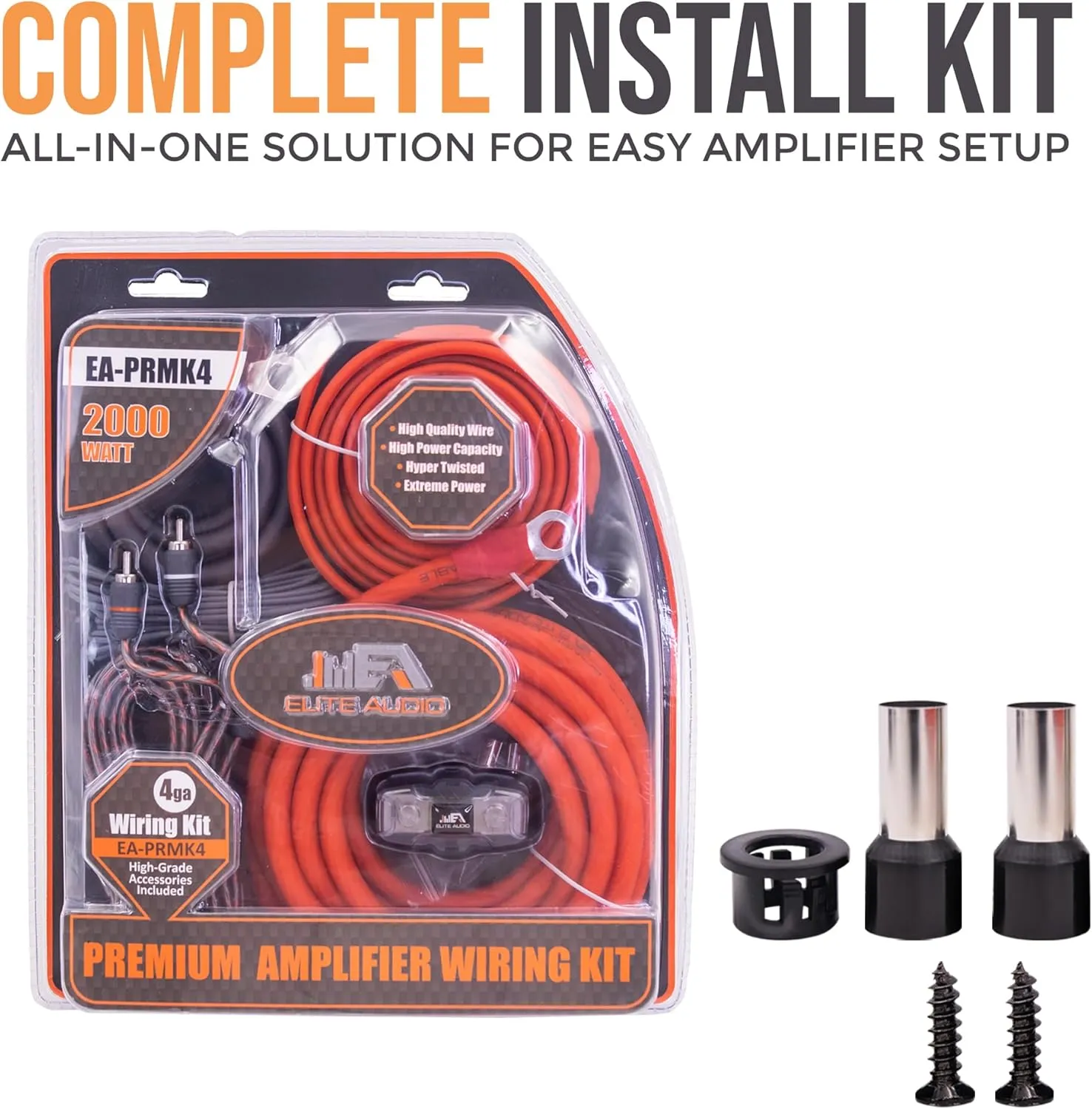 Elite Audio Premium Series 4-Gauge Amp Kit - 2000W Max Power, Copper Clad Aluminum Wire, Triple-Shielded RCA Cables, High-Power Capacity, Mini-ANL Fuse Holder, Car Amplifier Install Kit - EA-PRMK4