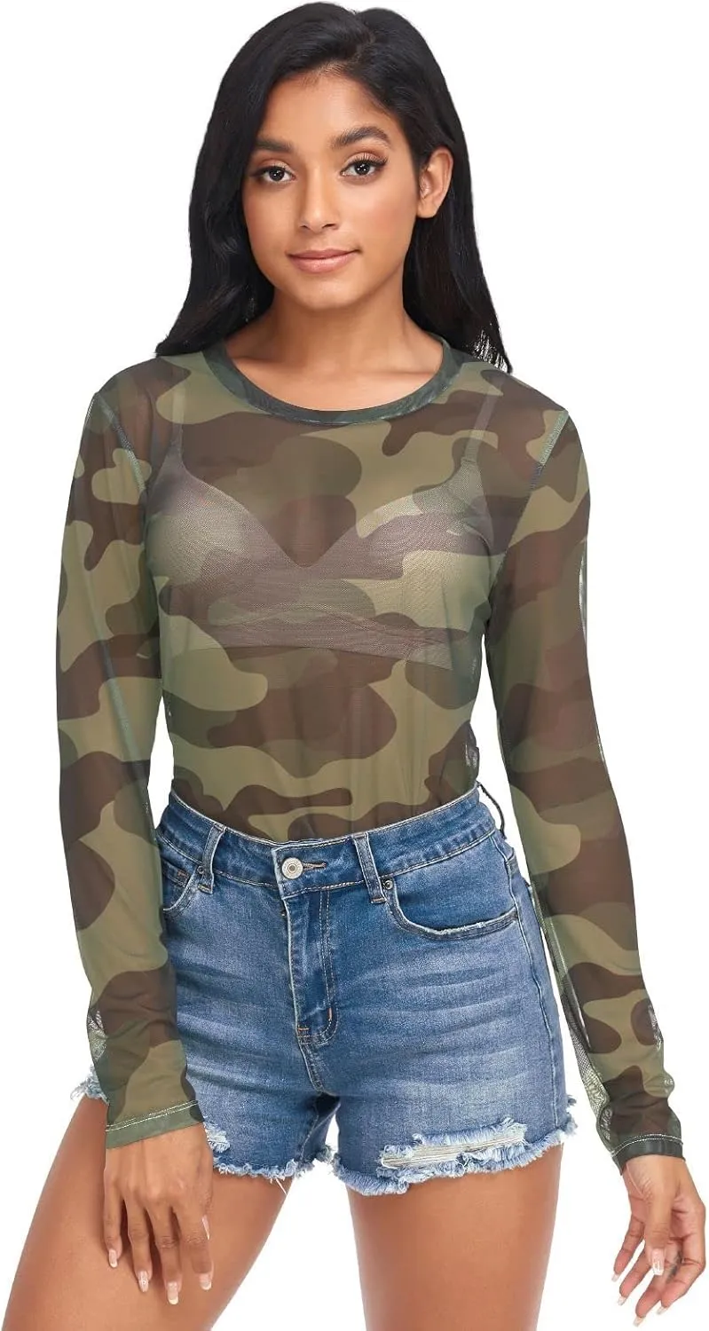 Embroidery and Rhinestones Small Red Butterfly Women Mesh See Through Top, Long Sleeve Shirt, Sheer Blouse, Crop Tops