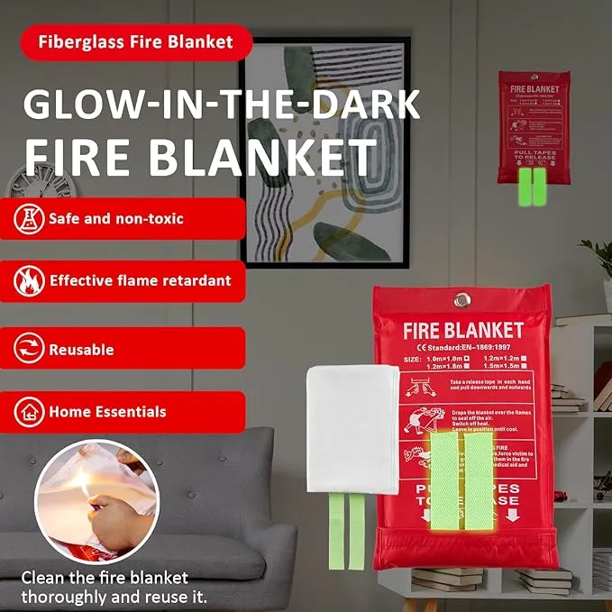 Emergency Fire Blankets, Fire Extinguisher Blanket Glow at Night, Flame Retardant Blanket Fire Safety Blanket for Home and Kitchen, Camping, Grill, Car, Office (6 Pack)