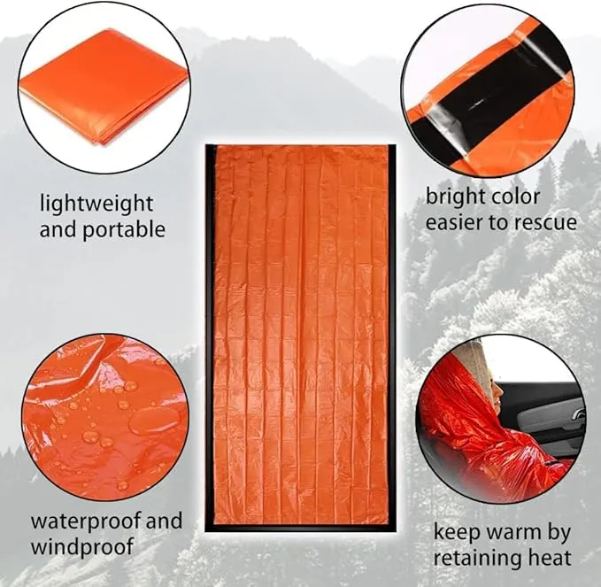 Emergency Sleeping Bag, 2 Pack Portable Thermal Bivy Sack, Waterproof Lightweight Emergency Blanket Survival Gear with Compass and Whistle for Camping Hiking Outdoor Adventure