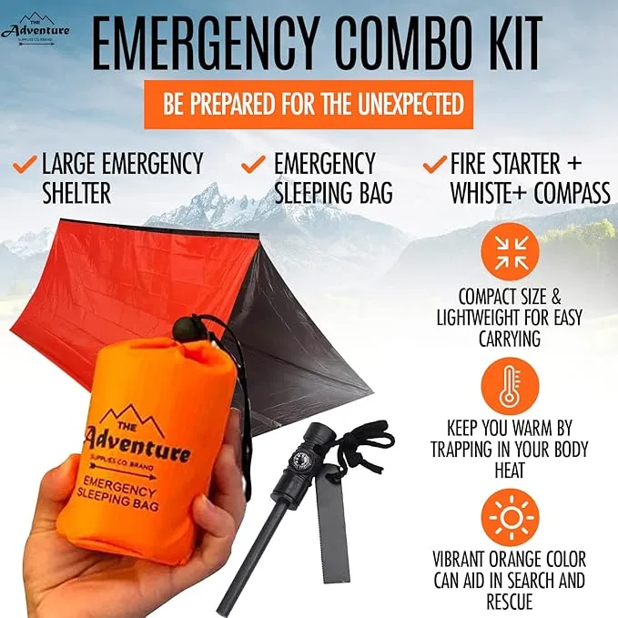Emergency Sleeping Bag & Tent Shelter, Stocking Stuffer! Combo Prepper kit Survival Tent, Bivy Sack Tent, Sleeping Bag, Fire Starter   Whistle, Mylar Thermal Adventure Supply Co.