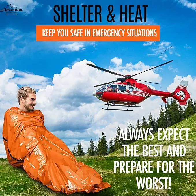 Emergency Sleeping Bag & Tent Shelter, Stocking Stuffer! Combo Prepper kit Survival Tent, Bivy Sack Tent, Sleeping Bag, Fire Starter   Whistle, Mylar Thermal Adventure Supply Co.