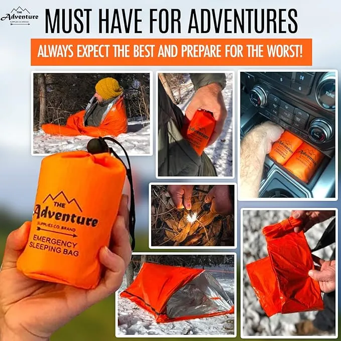 Emergency Sleeping Bag & Tent Shelter, Stocking Stuffer! Combo Prepper kit Survival Tent, Bivy Sack Tent, Sleeping Bag, Fire Starter   Whistle, Mylar Thermal Adventure Supply Co.