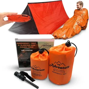 Emergency Sleeping Bag & Tent Shelter, Stocking Stuffer! Combo Prepper kit Survival Tent, Bivy Sack Tent, Sleeping Bag, Fire Starter   Whistle, Mylar Thermal Adventure Supply Co.