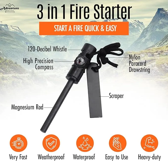 Emergency Sleeping Bag & Tent Shelter, Stocking Stuffer! Combo Prepper kit Survival Tent, Bivy Sack Tent, Sleeping Bag, Fire Starter   Whistle, Mylar Thermal Adventure Supply Co.