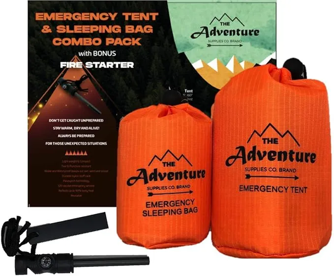 Emergency Sleeping Bag & Tent Shelter, Stocking Stuffer! Combo Prepper kit Survival Tent, Bivy Sack Tent, Sleeping Bag, Fire Starter   Whistle, Mylar Thermal Adventure Supply Co.