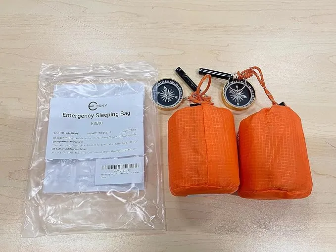 Esky Emergency Sleeping Bag, 2 Pack Portable Thermal Bivy Sack, Waterproof Lightweight Emergency Blanket Survival Gear with Compass and Whistle for Camping Hiking Outdoor Adventure