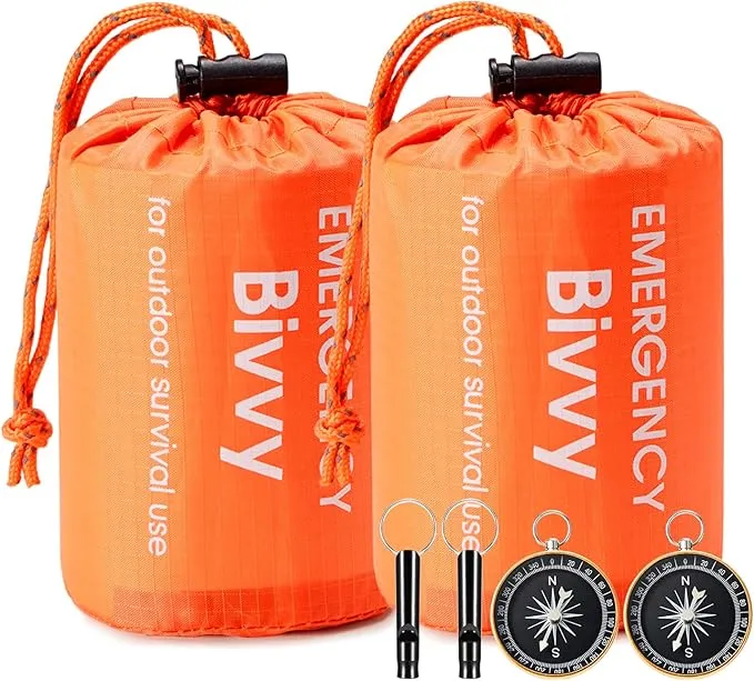 Esky Emergency Sleeping Bag, 2 Pack Portable Thermal Bivy Sack, Waterproof Lightweight Emergency Blanket Survival Gear with Compass and Whistle for Camping Hiking Outdoor Adventure