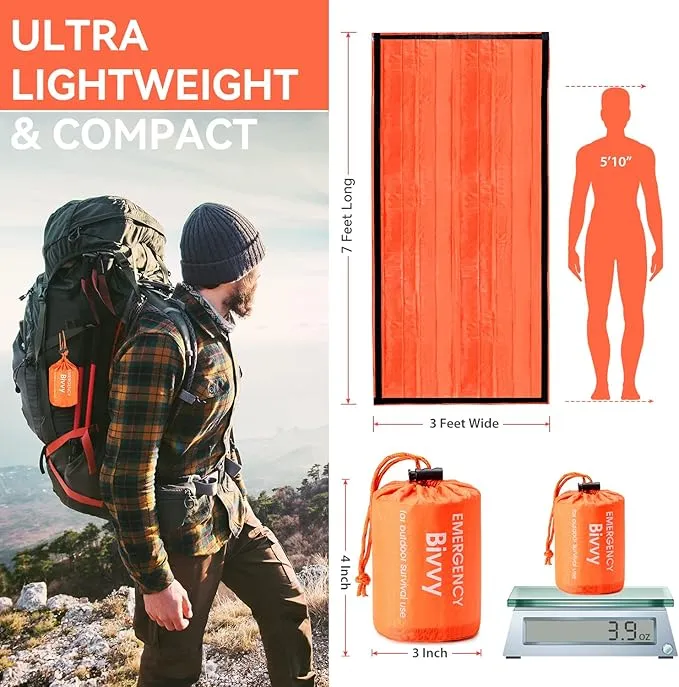 Esky Emergency Sleeping Bag, 2 Pack Portable Thermal Bivy Sack, Waterproof Lightweight Emergency Blanket Survival Gear with Compass and Whistle for Camping Hiking Outdoor Adventure