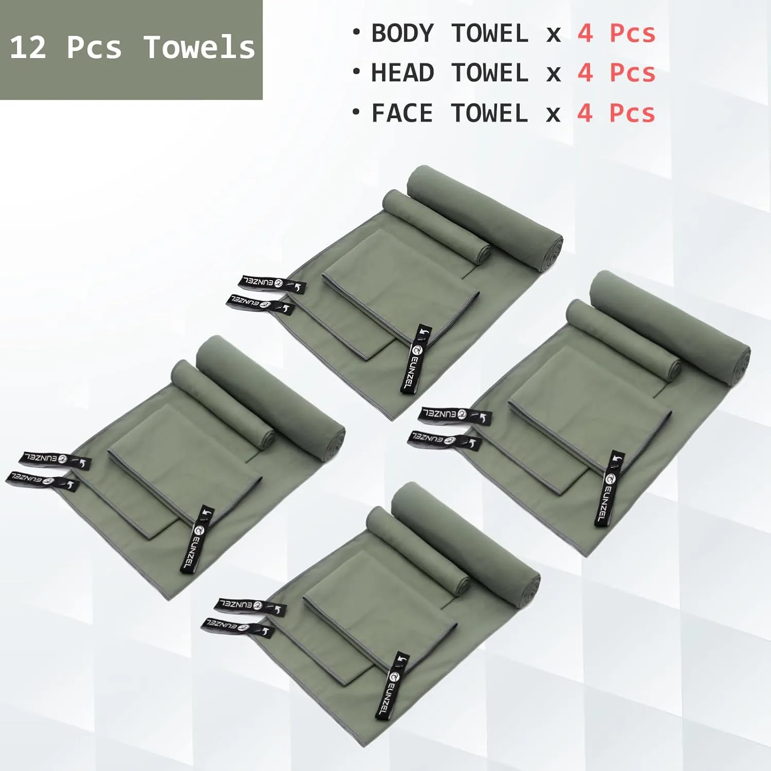 Eunzel 4 Set Quick Dry Camping Towel, Microfiber Travel Towel Super Absorbent Fast Drying Towel for Camping, Beach, Gym, Backpacking & Swimming(Four 3-Piece Towel Sets, Army Green)
