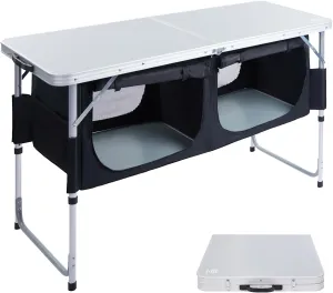 EVER ADVANCED Folding Camping Table with Storage, 4 ft * 2 ft Aluminum Composite Desktop & Adjustable Legs, Outdoor Kitchen Table for Tailgating, Backyard, BBQ and Picnic