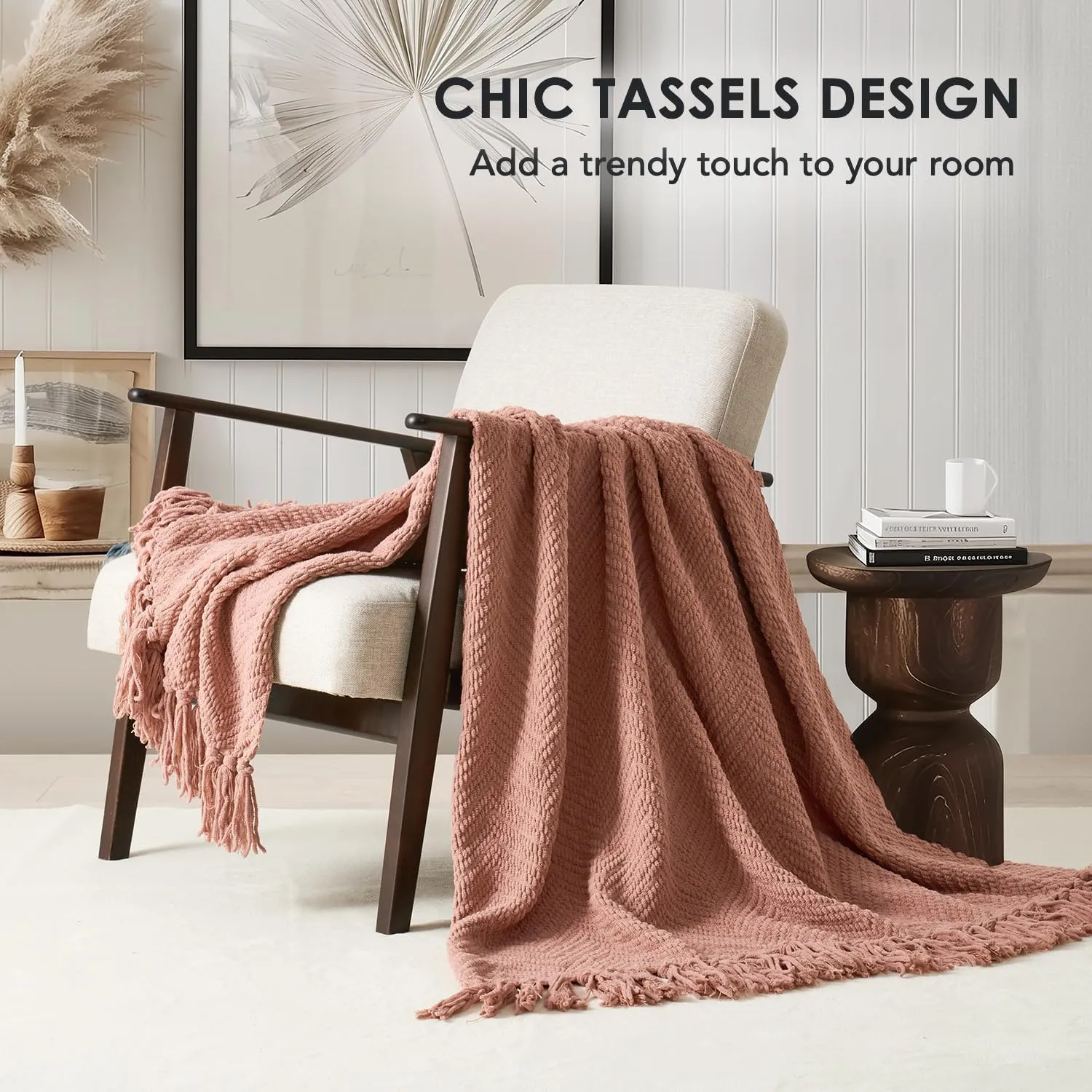 EVERGRACE Chenille Knit Clay Throw Blanket for Couch, Textured Woven Boho Knitted Blanket for Bed, Super Soft Cozy Shabby Chic Knit Throw with Tassels for Farmhouse Home Decor, 60”x80”