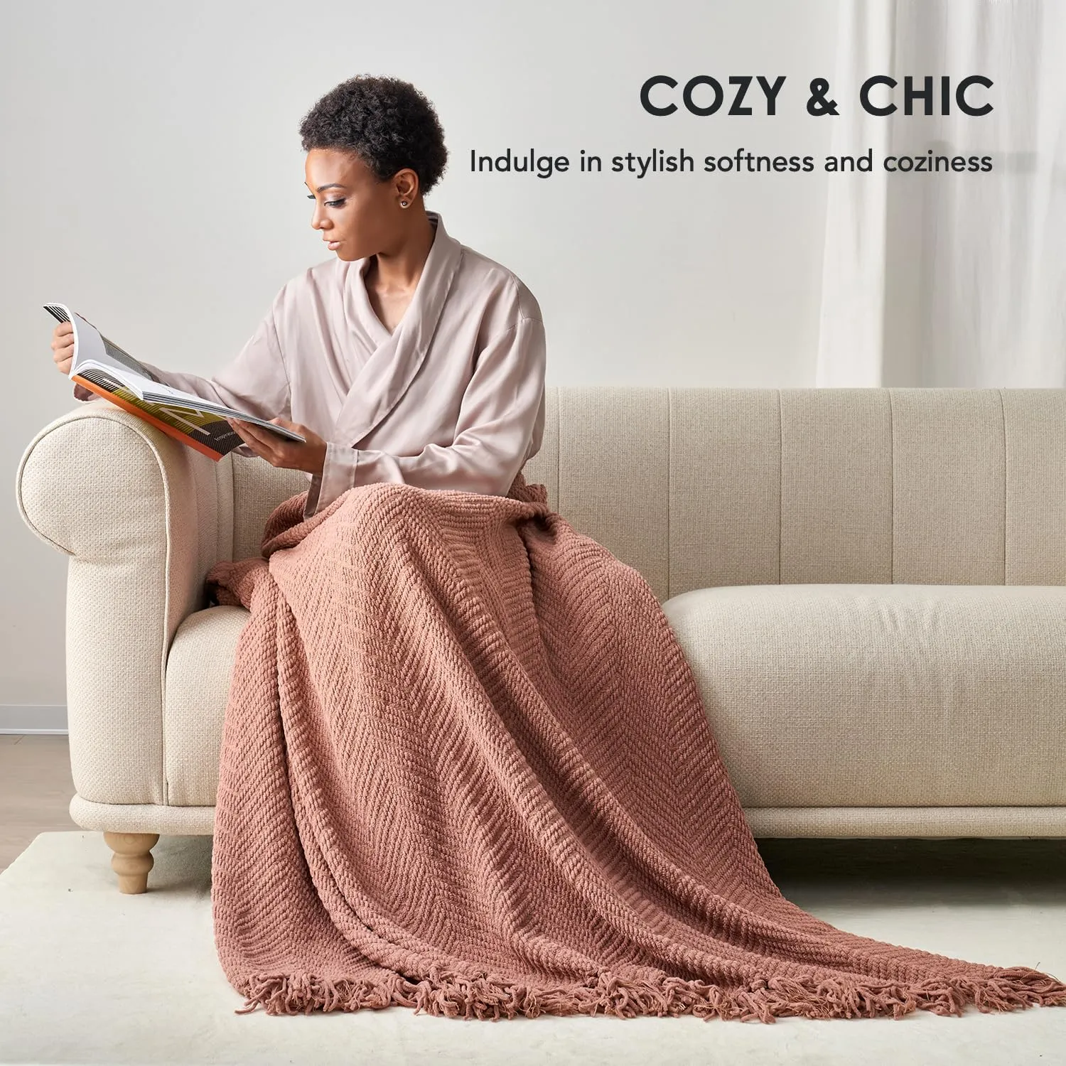 EVERGRACE Chenille Knit Clay Throw Blanket for Couch, Textured Woven Boho Knitted Blanket for Bed, Super Soft Cozy Shabby Chic Knit Throw with Tassels for Farmhouse Home Decor, 60”x80”
