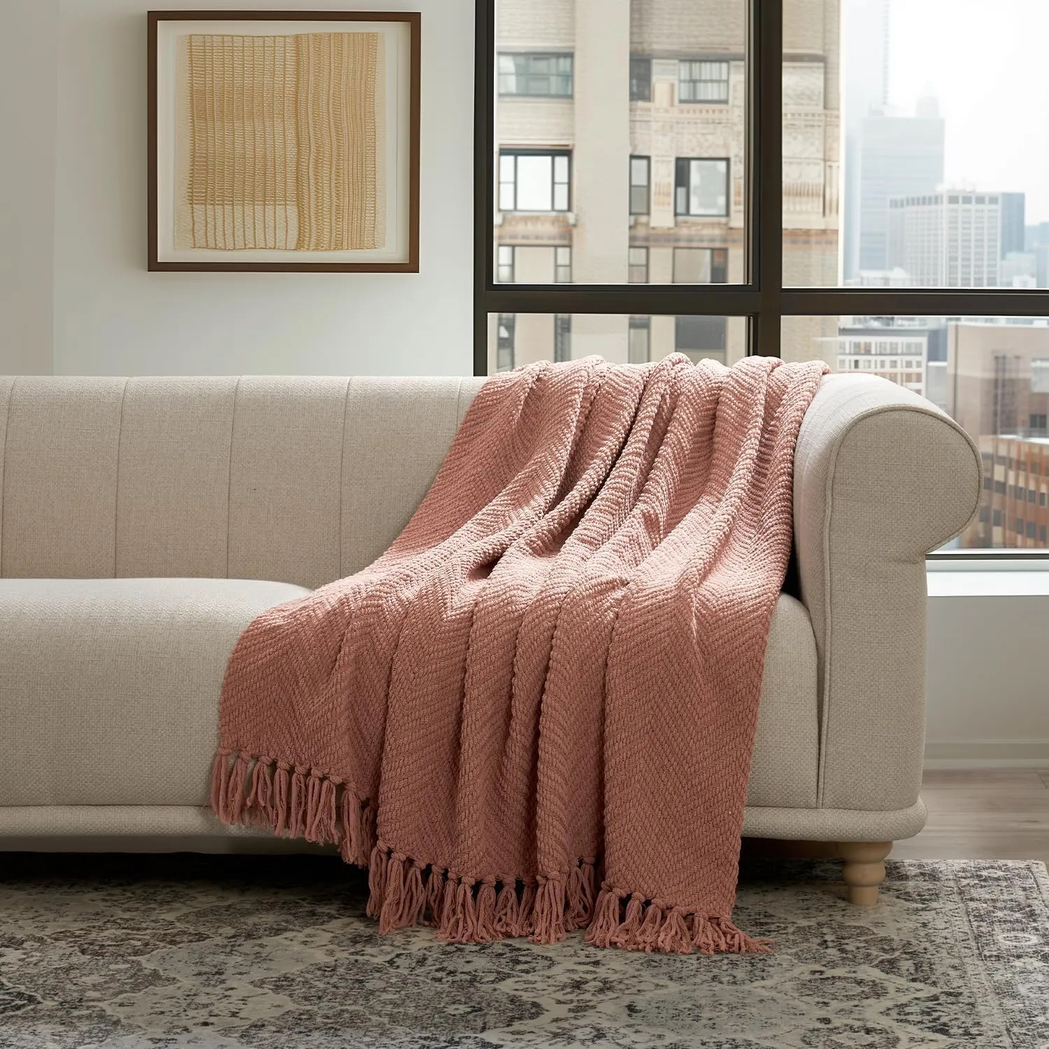 EVERGRACE Chenille Knit Clay Throw Blanket for Couch, Textured Woven Boho Knitted Blanket for Bed, Super Soft Cozy Shabby Chic Knit Throw with Tassels for Farmhouse Home Decor, 60”x80”