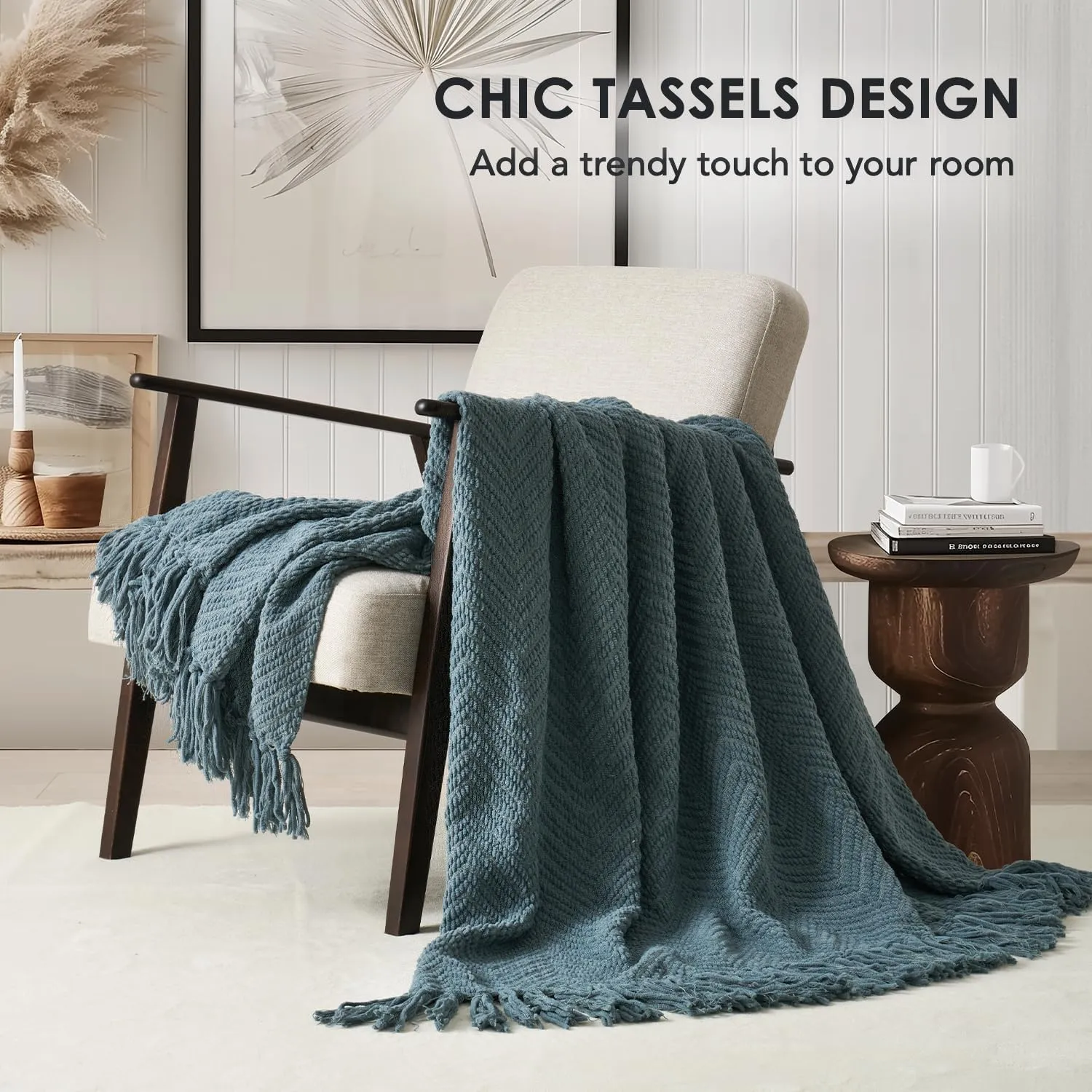 EVERGRACE Chenille Knit Stormy Blue Throw Blanket for Couch, Textured Woven Boho Knitted Blanket for Bed, Super Soft Cozy Shabby Chic Knit Throw with Tassels for Farmhouse Home Decor, 60”x80”