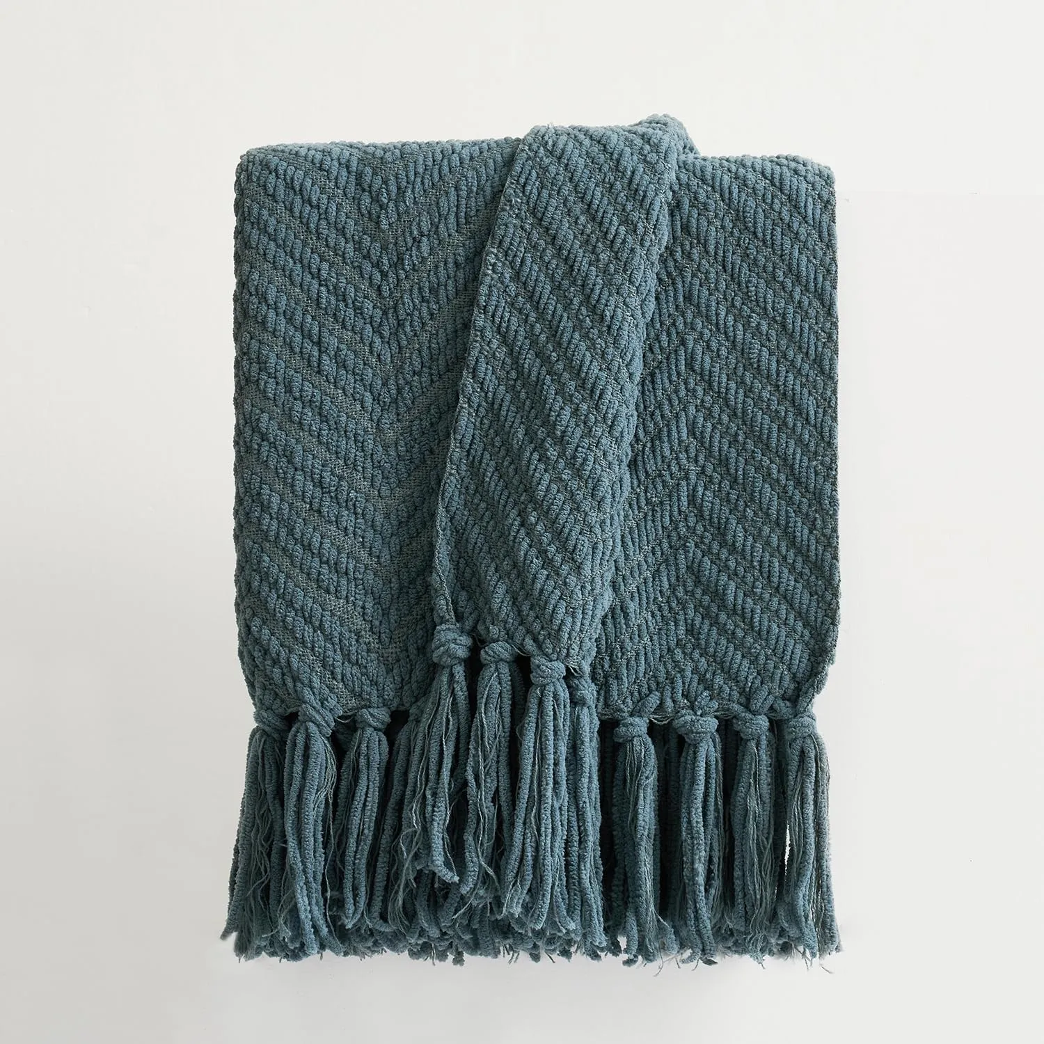 EVERGRACE Chenille Knit Stormy Blue Throw Blanket for Couch, Textured Woven Boho Knitted Blanket for Bed, Super Soft Cozy Shabby Chic Knit Throw with Tassels for Farmhouse Home Decor, 60”x80”