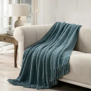 EVERGRACE Chenille Knit Stormy Blue Throw Blanket for Couch, Textured Woven Boho Knitted Blanket for Bed, Super Soft Cozy Shabby Chic Knit Throw with Tassels for Farmhouse Home Decor, 60”x80”