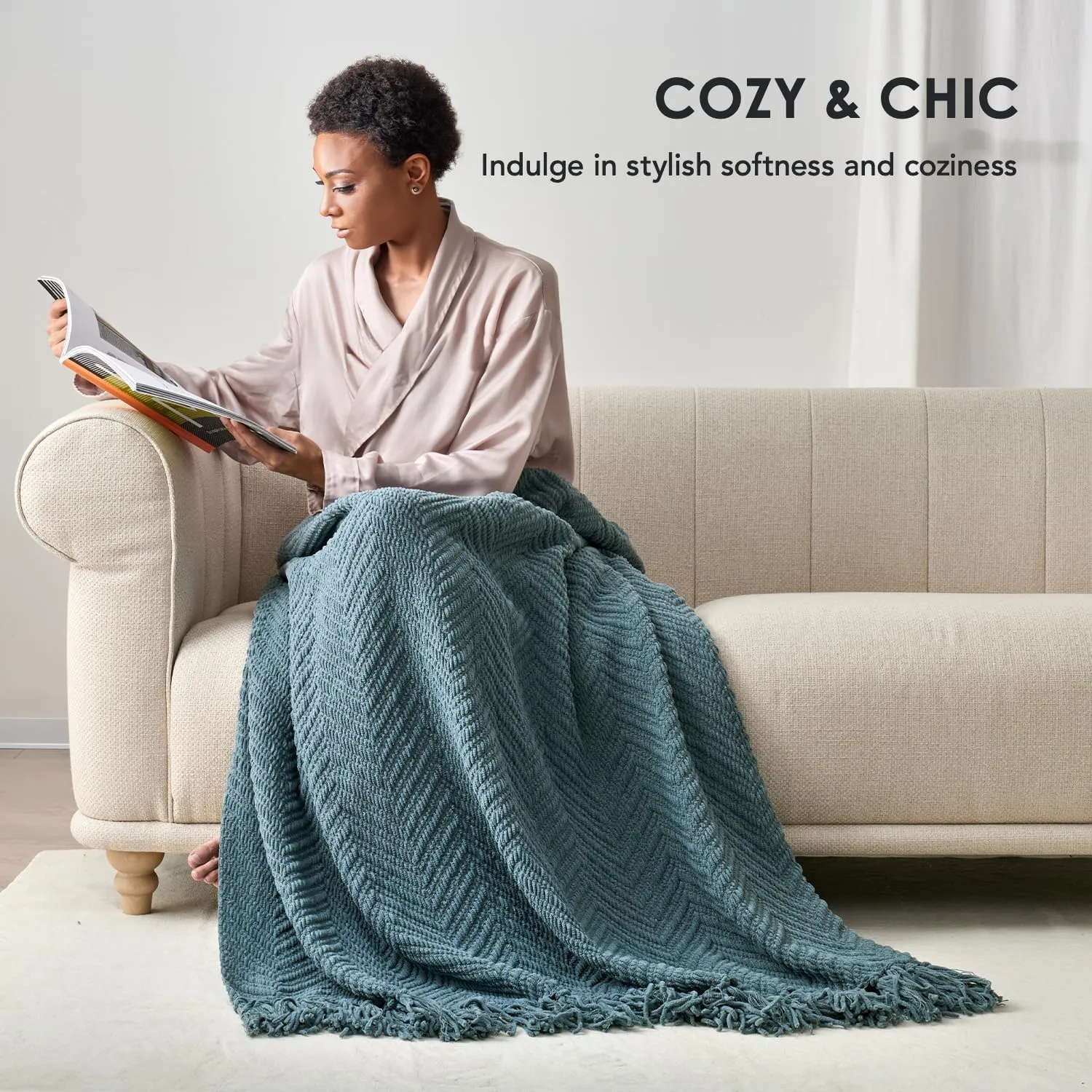 EVERGRACE Chenille Knit Stormy Blue Throw Blanket for Couch, Textured Woven Boho Knitted Blanket for Bed, Super Soft Cozy Shabby Chic Knit Throw with Tassels for Farmhouse Home Decor, 60”x80”