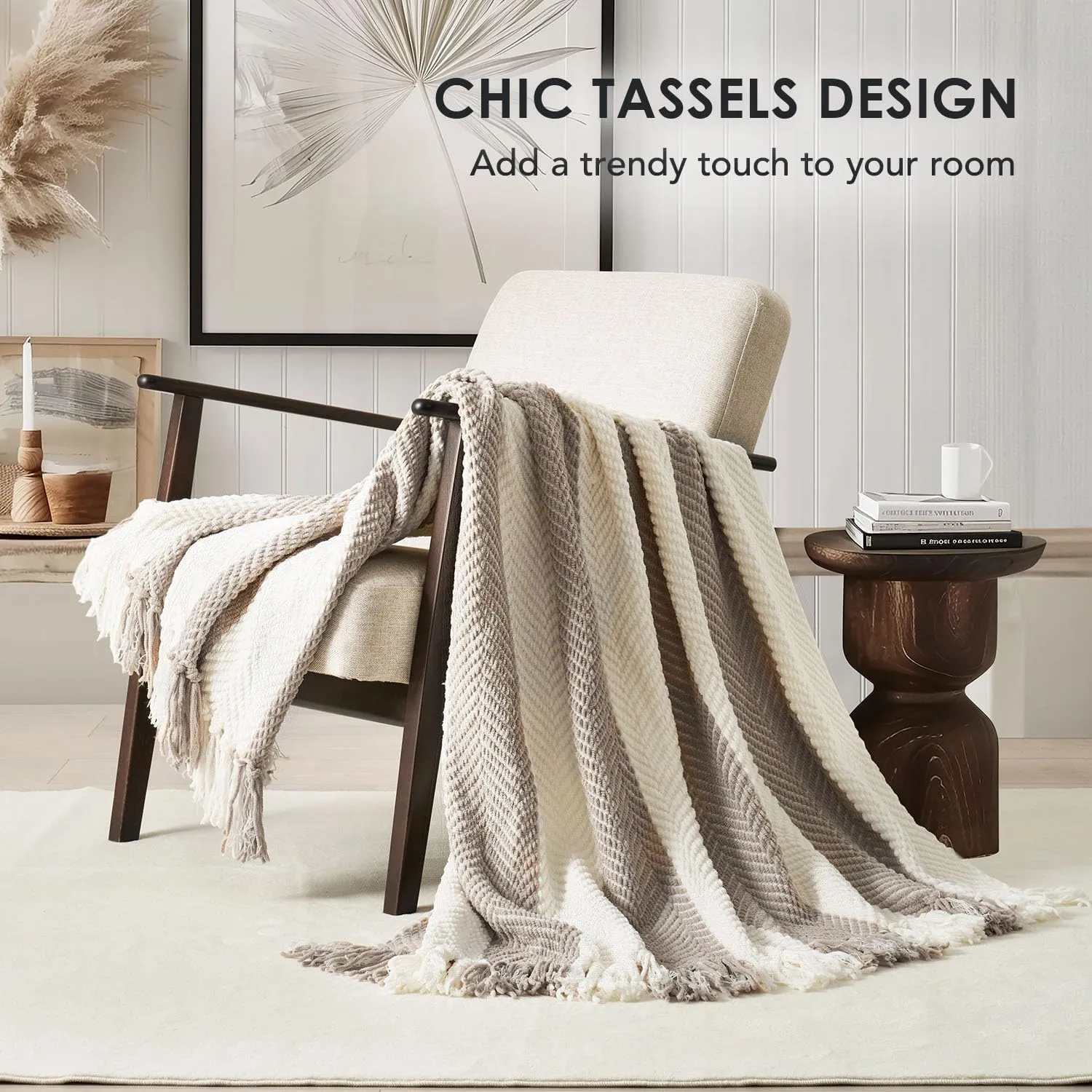 EVERGRACE Striped Chenille Knit Grey Throw Blanket for Couch, Textured Woven Boho Knitted Blanket for Bed, Super Soft Cozy Shabby Chic Knit Throw with Tassels for Farmhouse Home Decor, 60”x80”