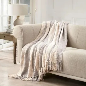 EVERGRACE Striped Chenille Knit Grey Throw Blanket for Couch, Textured Woven Boho Knitted Blanket for Bed, Super Soft Cozy Shabby Chic Knit Throw with Tassels for Farmhouse Home Decor, 60”x80”